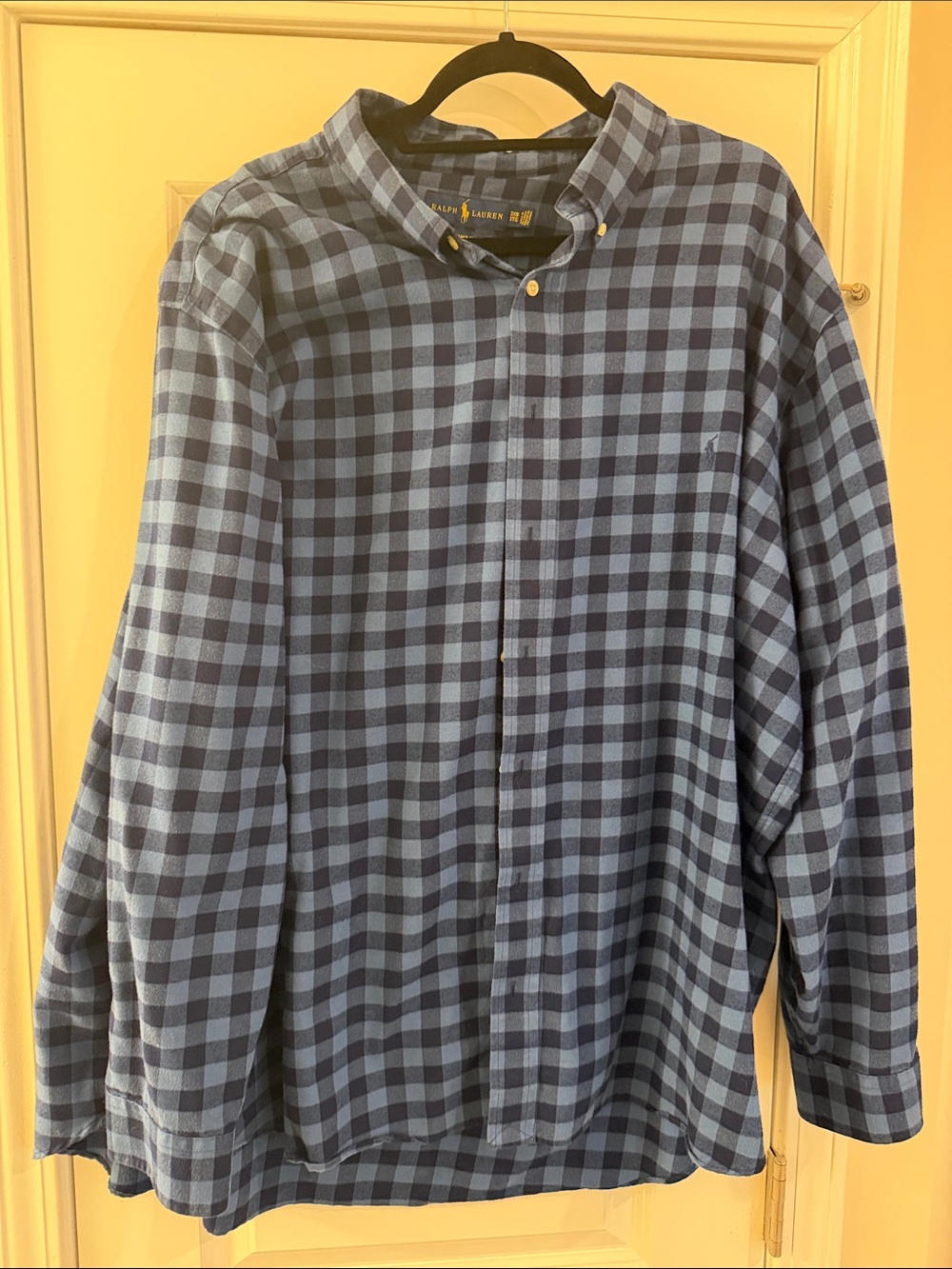 Ralph Lauren Mens Navy and Light Blue Check Button-Down Flannel Shirt